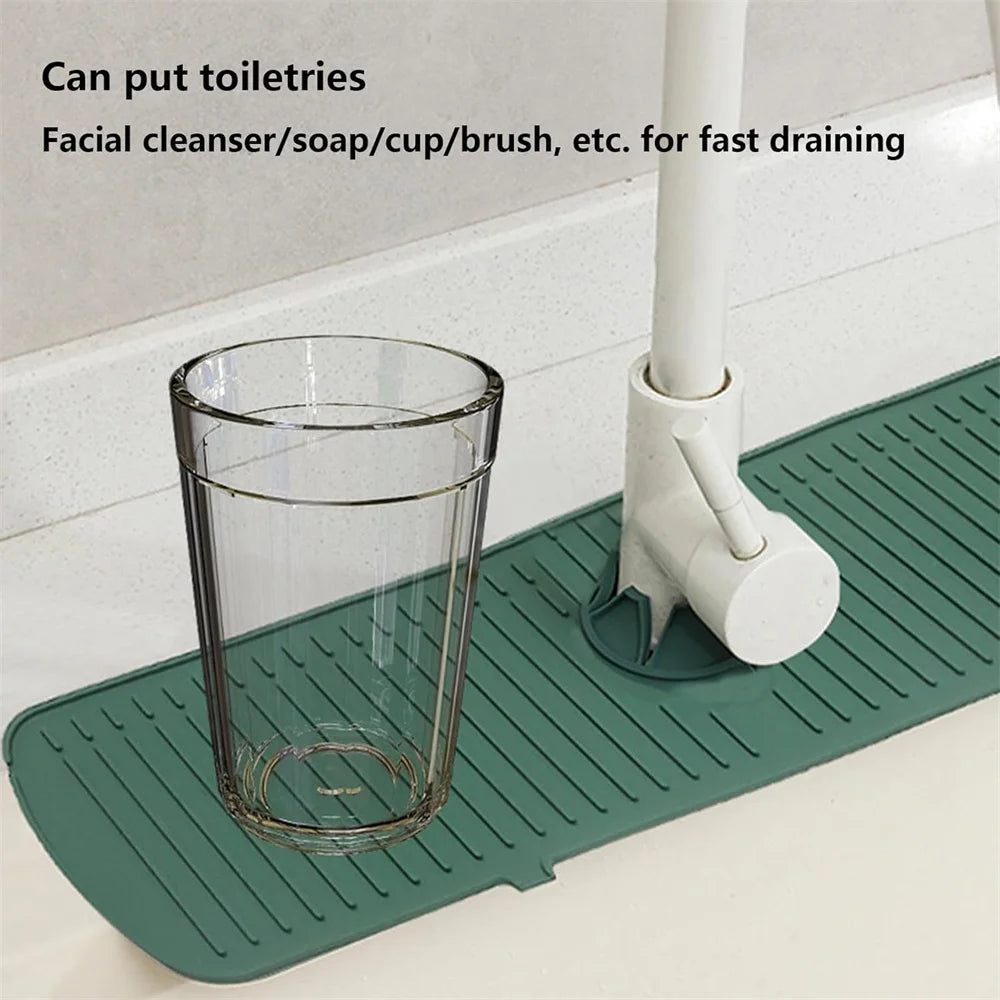 Green silicone sink faucet splash guard with drain mat and molded water channels