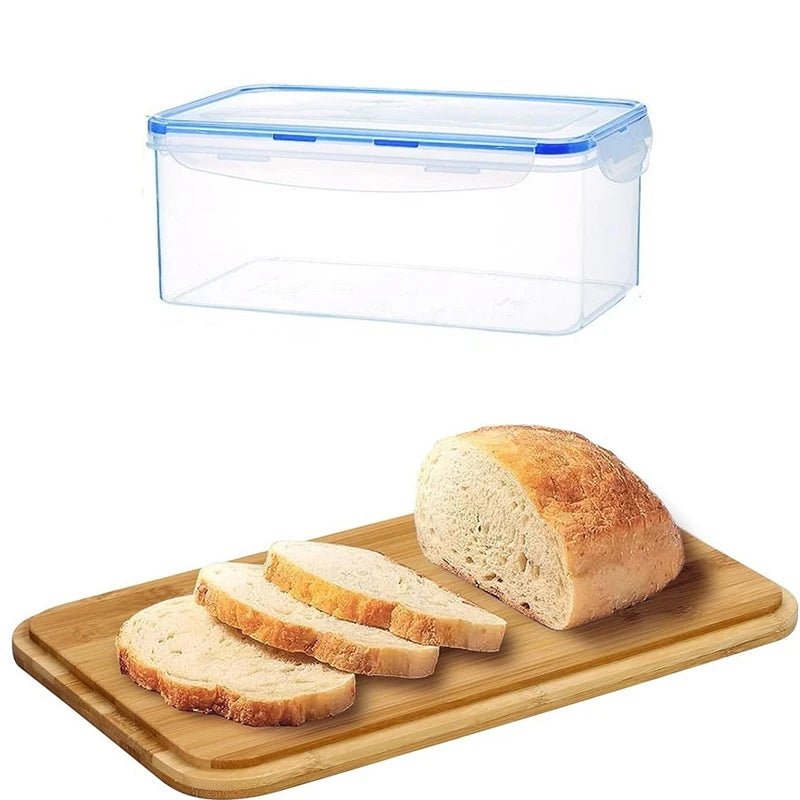 Rectangular clear bread storage box with blue lid and airtight seal, above sliced loaf on tray