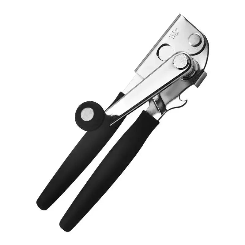 Manual can opener close-up with stainless blade and long black ergonomic handles