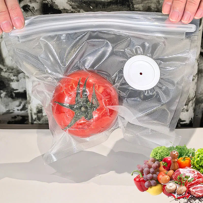 Reusable vacuum sealer food storage bags with round valve, holding sealed produce and meat