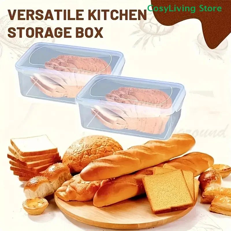 Two clear bread storage boxes with blue lids and airtight seals, filled with sandwiches