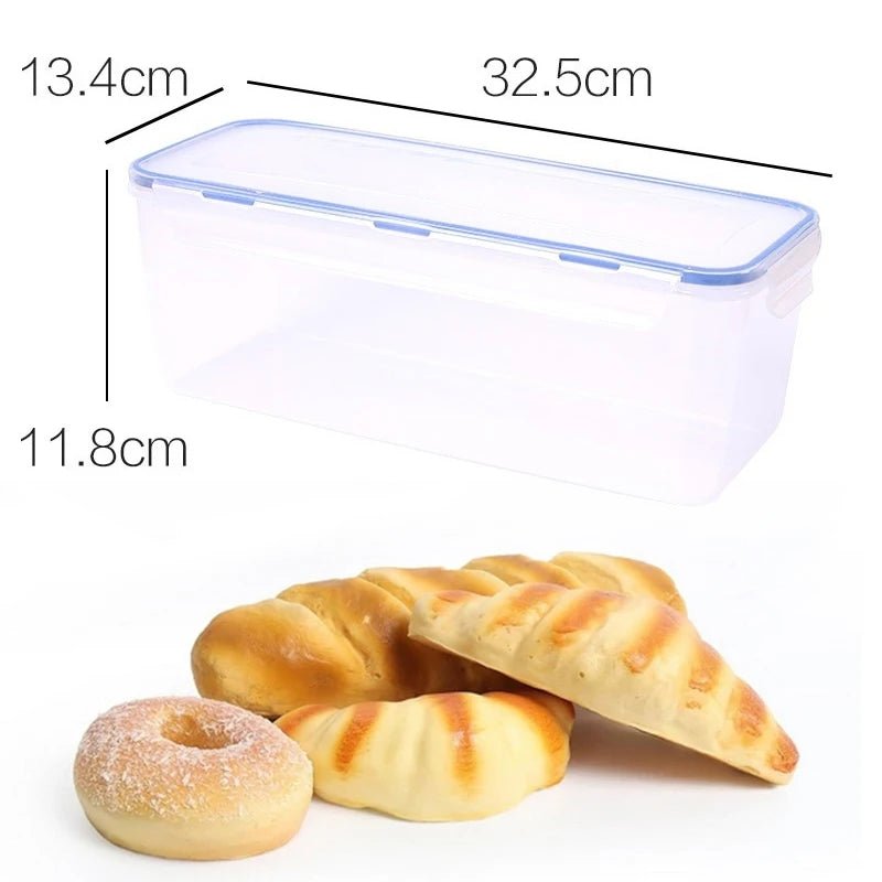 Clear rectangular bread storage box with blue sealed lid and loafs shown