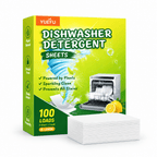 YUEFU dishwasher detergent sheets box with stack of white sheets and lemon