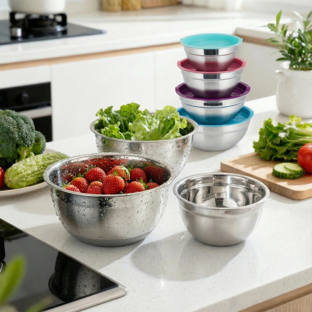 Stack of stainless steel nesting mixing bowls with teal and purple lids, on counter