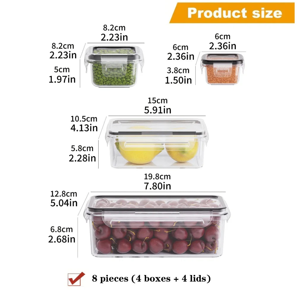 8-piece clear food storage containers with snap-lock lids, assorted sizes