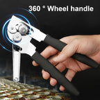 360° wheel handle manual can opener held in hand with black ergonomic grips
