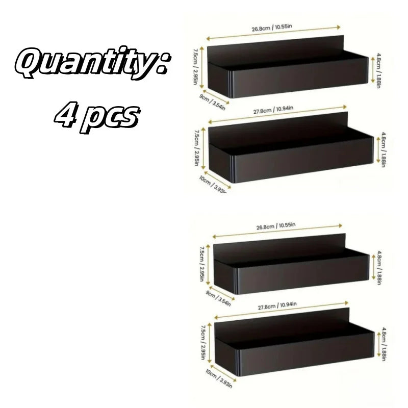 Stacked black magnetic storage baskets layout with multiple pieces size diagram
