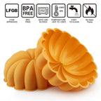Pumpkin-shaped silicone cake pan, orange-yellow, ridged bundt-style mold