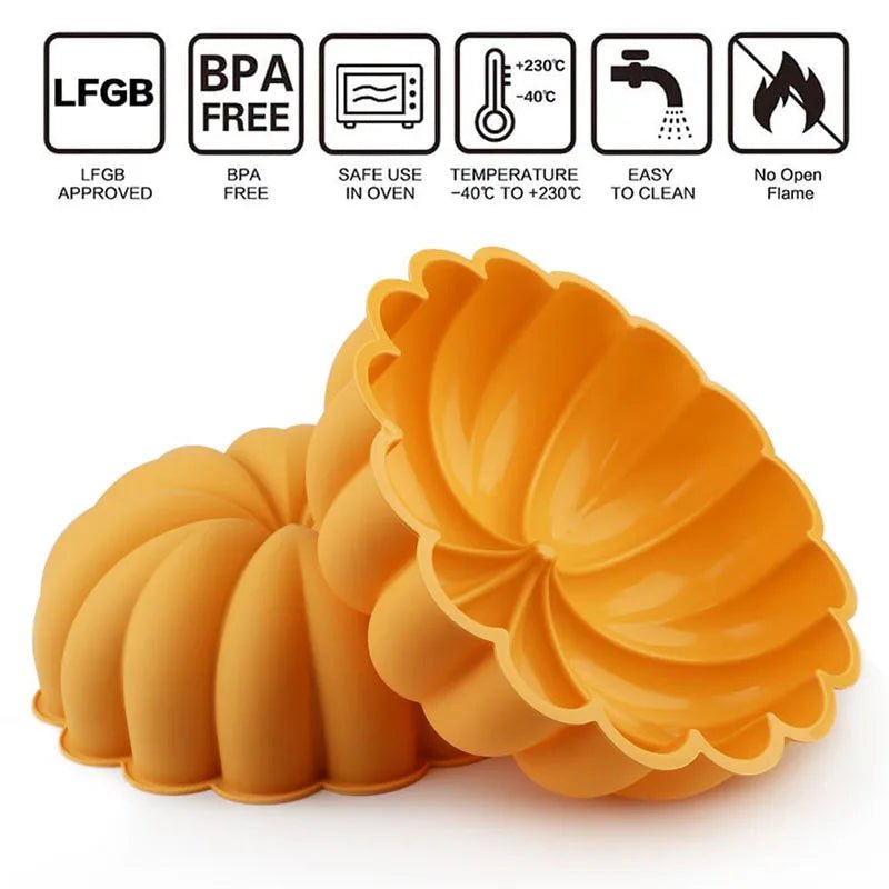 Pumpkin-shaped silicone cake pan, orange-yellow, ridged bundt-style mold
