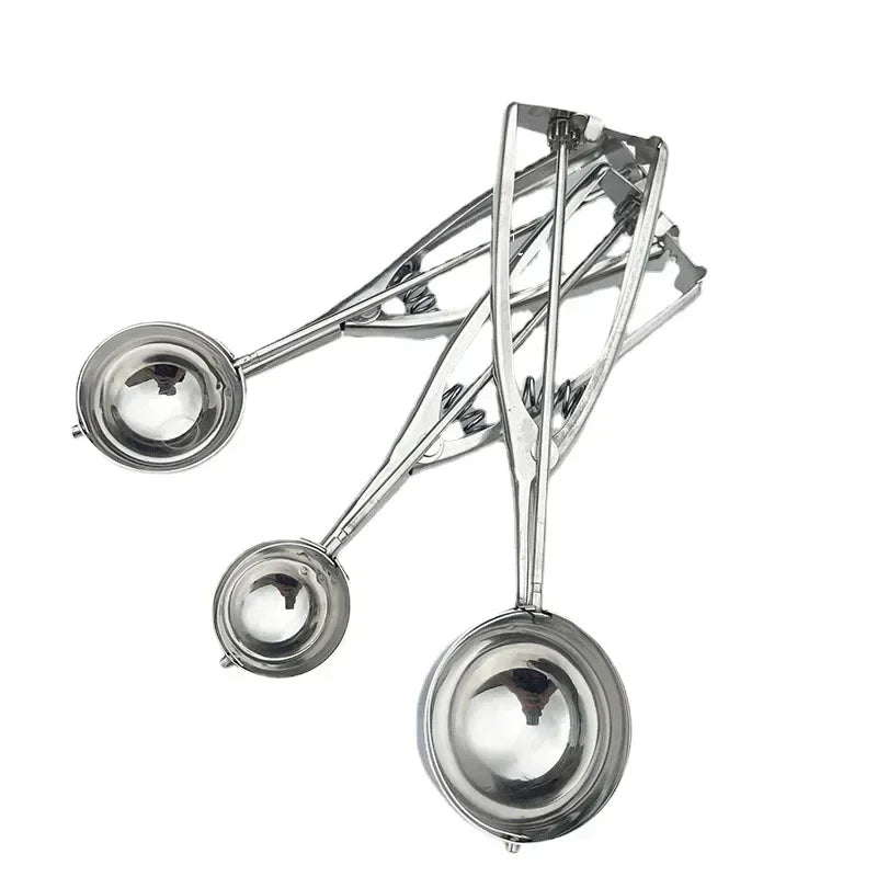 Stainless steel spring scoop set with three round bowls and long lever frames