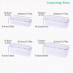 Bread storage box size chart with dimensions in cm and in for multiple capacities