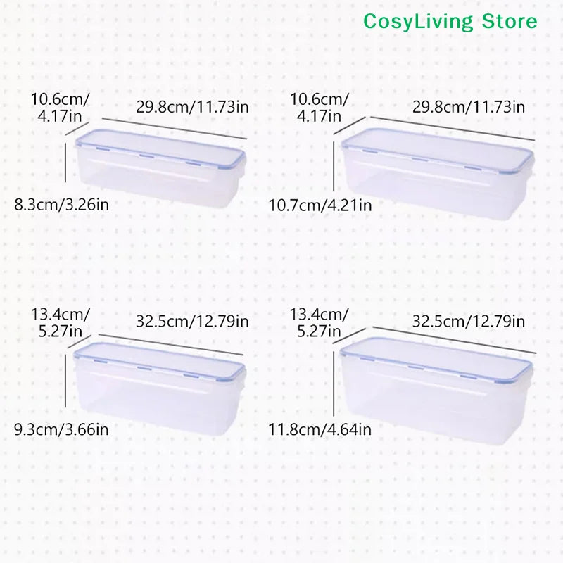 Bread storage box size chart with dimensions in cm and in for multiple capacities