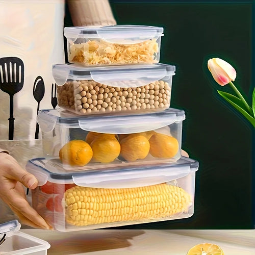 8-piece airtight food storage container set with snap-lock lids, stacked bins with corn and chopped food