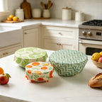 Reusable beeswax food wraps on kitchen counter: teal zigzag and green fruit-pattern wraps