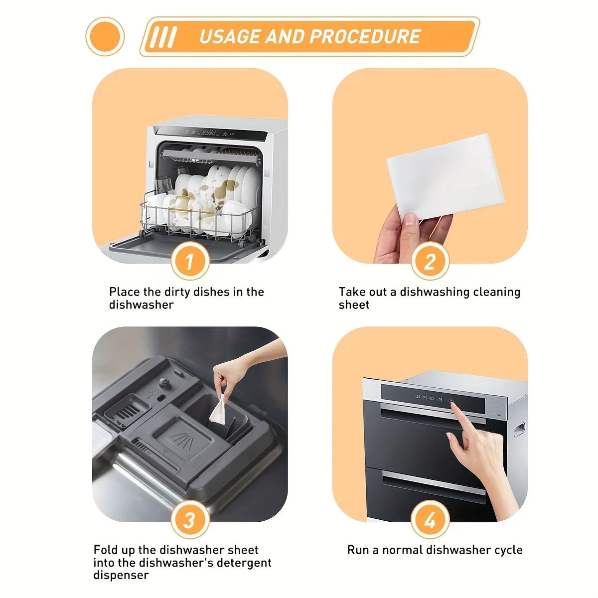 Dishwasher detergent sheets usage steps panel showing sheet placed in dispenser