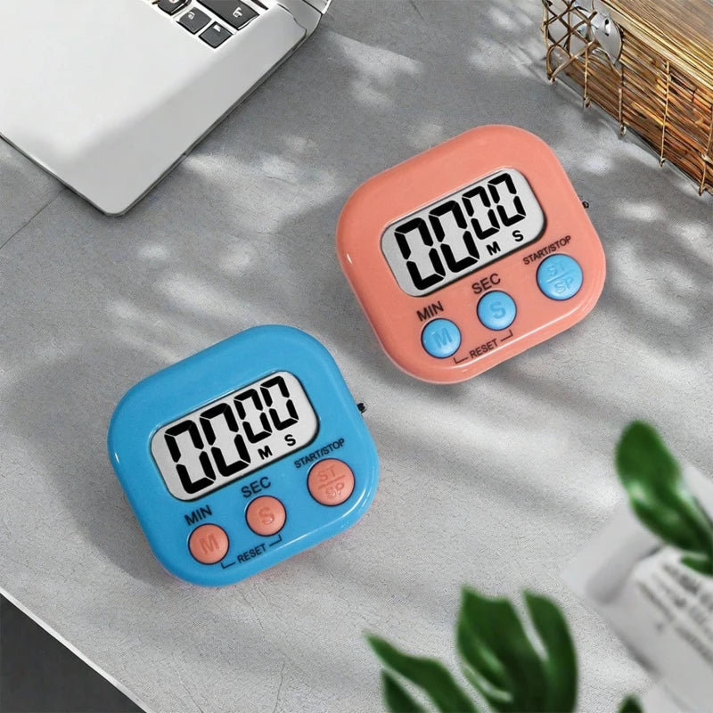 Pink and blue digital kitchen timers with large LCD display and MIN/SEC start/stop buttons