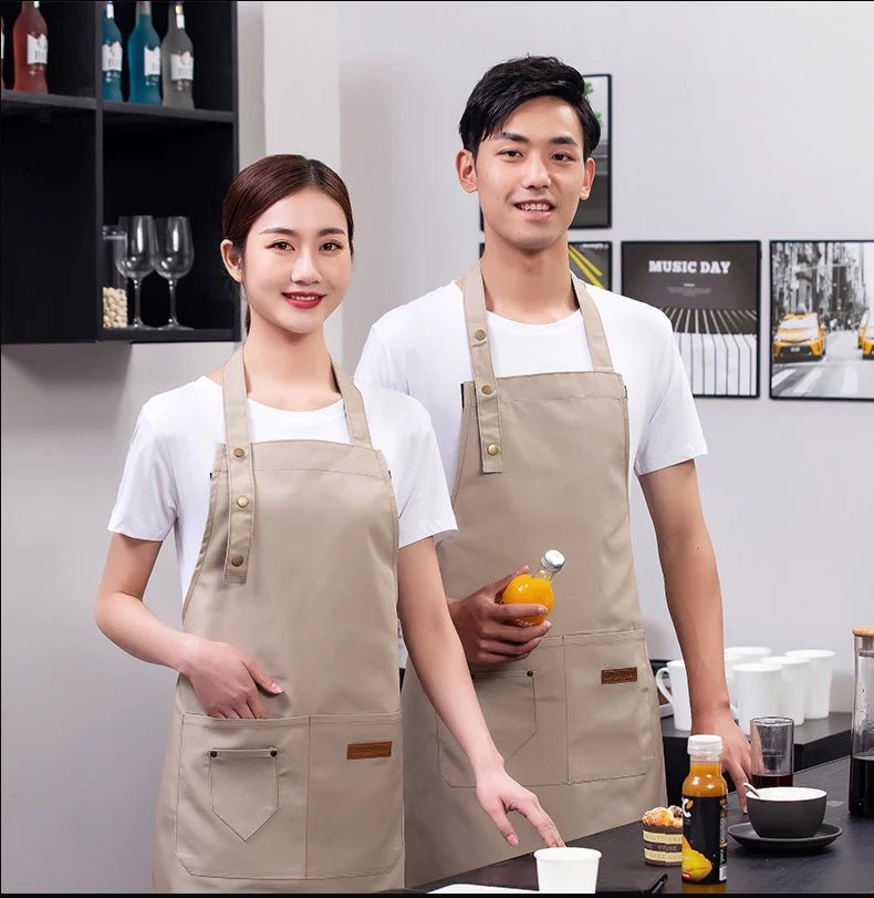 Khaki tan waterproof canvas chef apron with front pockets and adjustable neck