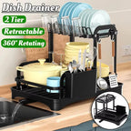 360° Rotating Dish Drying Rack - 2-Tier with Drain Tray