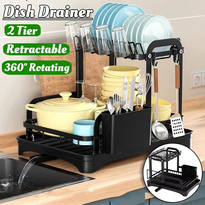 360° Rotating Dish Drying Rack - 2-Tier with Drain Tray