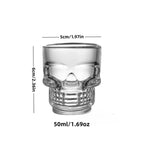 Skull head shot glass, clear glass, size 50ml with top view and side view