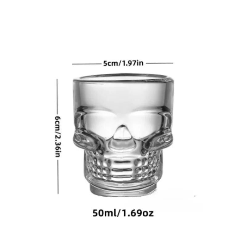 Skull head shot glass, clear glass, size 50ml with top view and side view