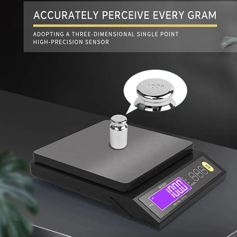 Digital kitchen scale with stainless platform and metal weight on top