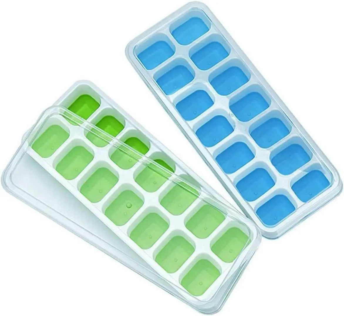Two silicone ice cube trays with transparent lids: green and sky blue cube wells