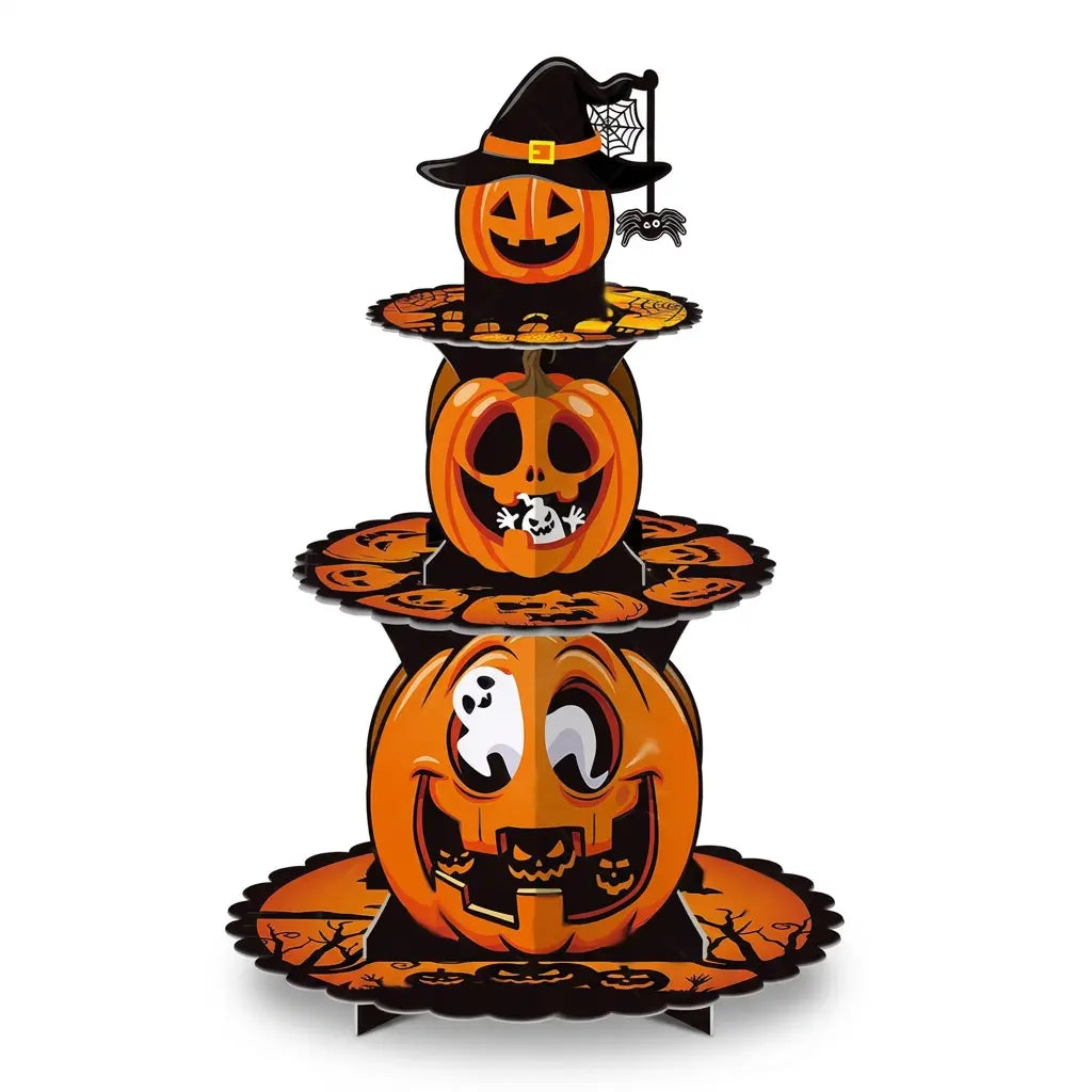 Three-tier Halloween jack-o-lantern pumpkin cupcake stand with ghost decorations and witch hat topper on white background.