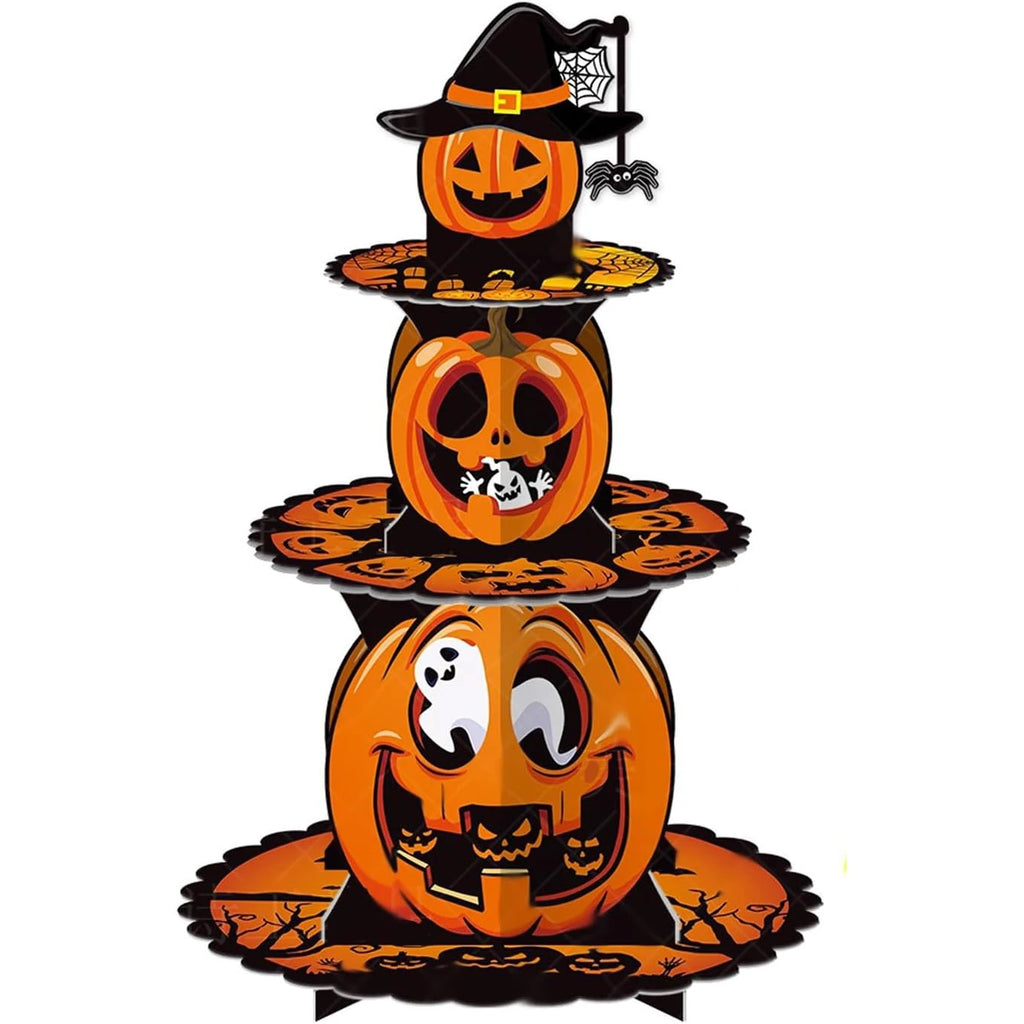 3-tier Halloween cardboard cupcake stand with witch hat and stacked pumpkin faces