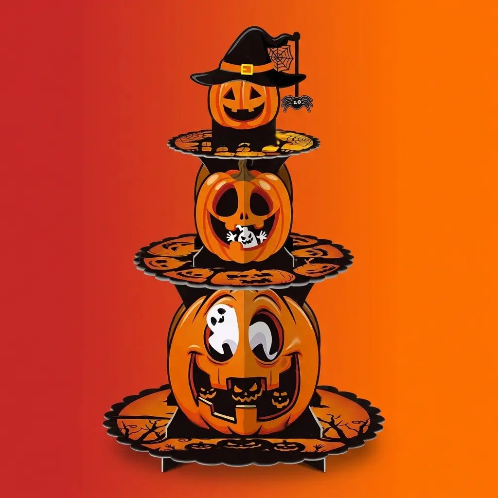 Three-tier Halloween jack-o-lantern pumpkin cupcake stand with ghost decorations and witch hat topper on orange-red gradient background.