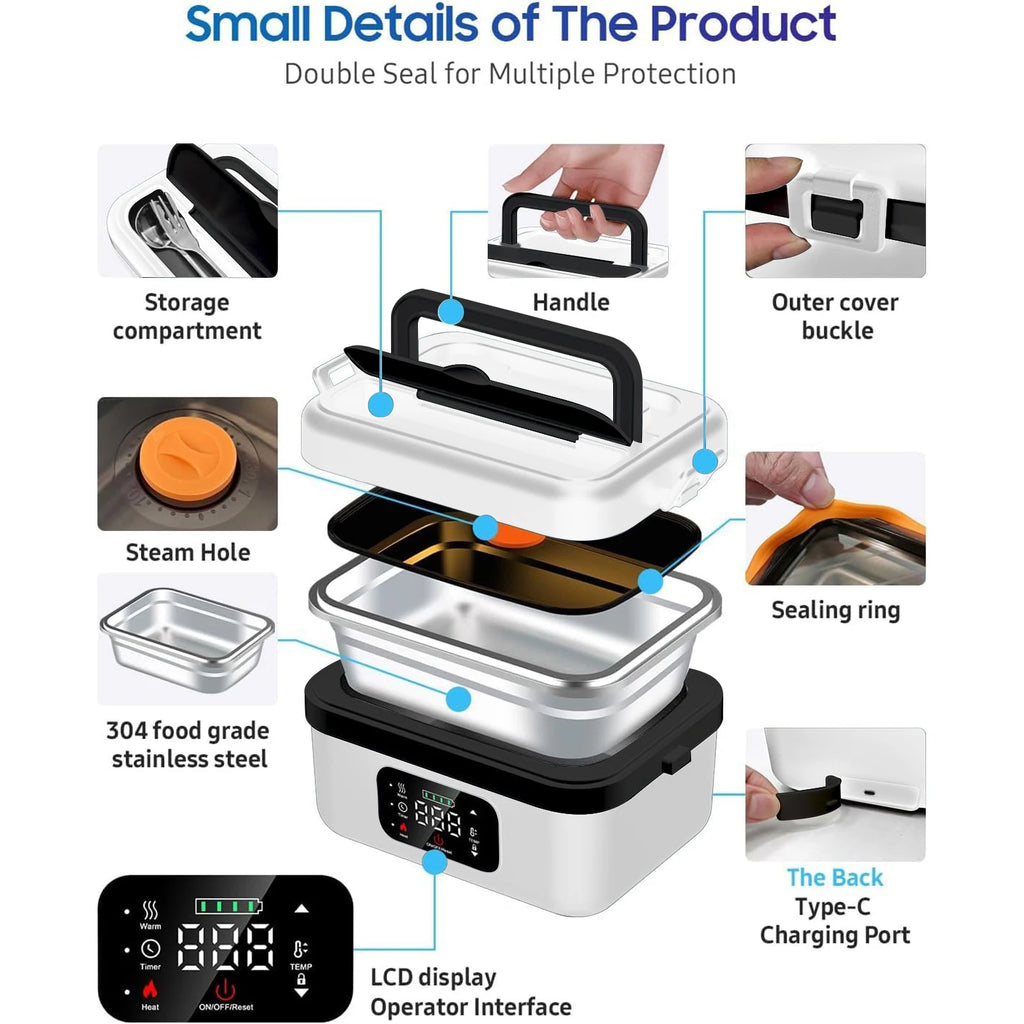 Electric Heating Lunch Box - Rechargeable 1L Food Warmer