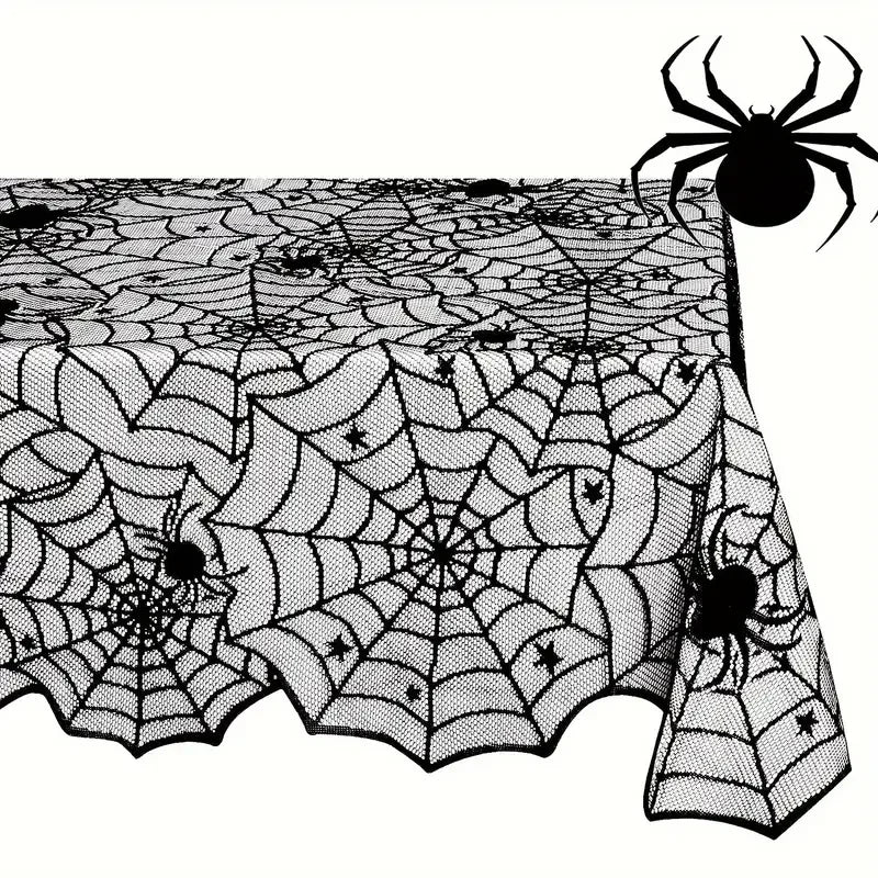 Black spider-web lace table runner corner close-up with spider and web motifs