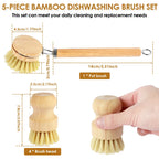 Bamboo dishwashing brush set diagram with wooden handle and 4 replaceable brush heads