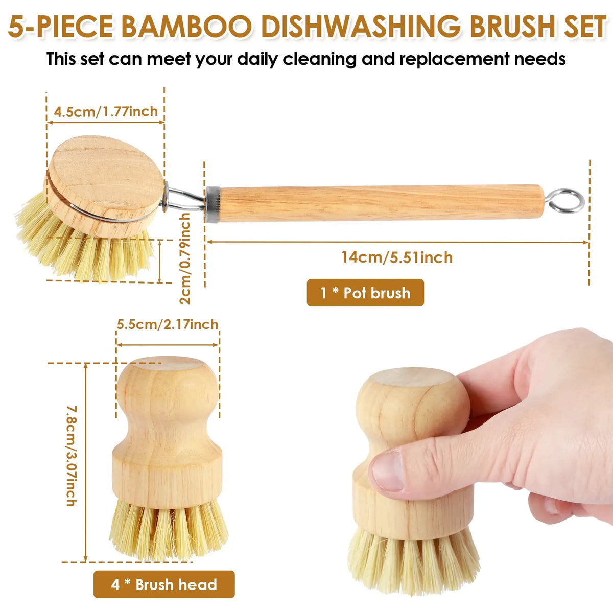 Bamboo dishwashing brush set diagram with wooden handle and 4 replaceable brush heads
