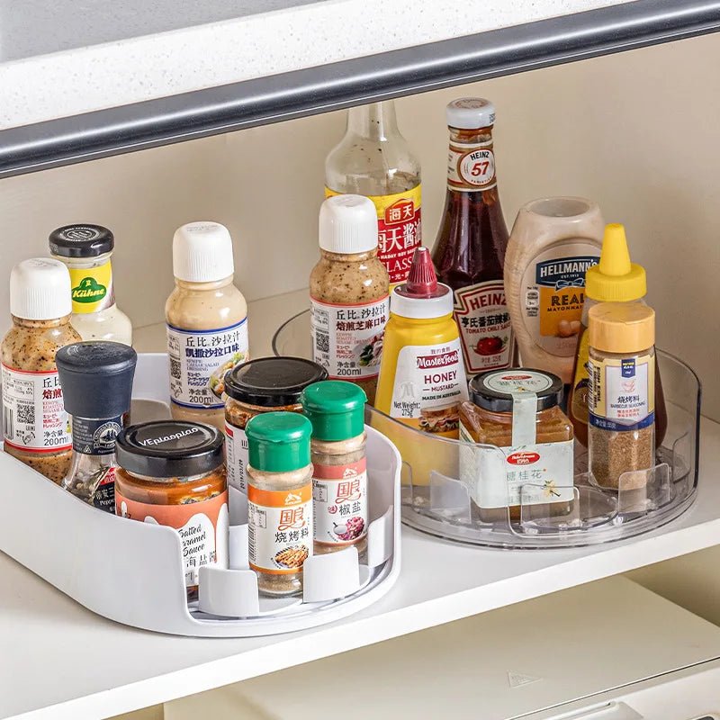Oval 360° rotating fridge organizer turntable with clear bottle and spice storage