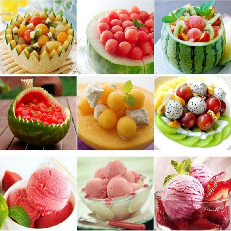 Carved watermelon serving bowls filled with melon balls and fruit pieces