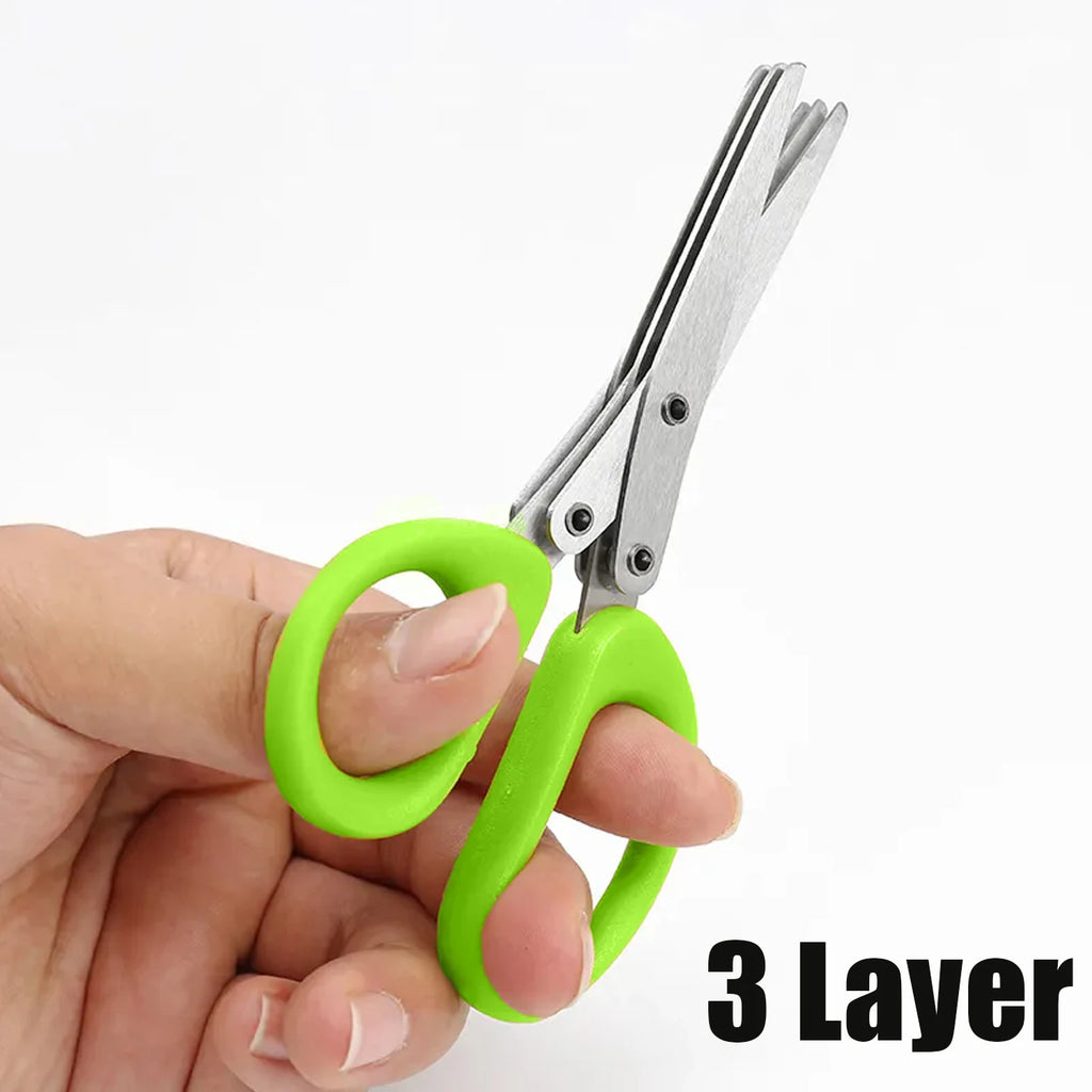 3-layer herb shears with bright green handles and stainless multi blades