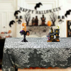 Black spider-web lace table runner with scalloped edges, Halloween web pattern