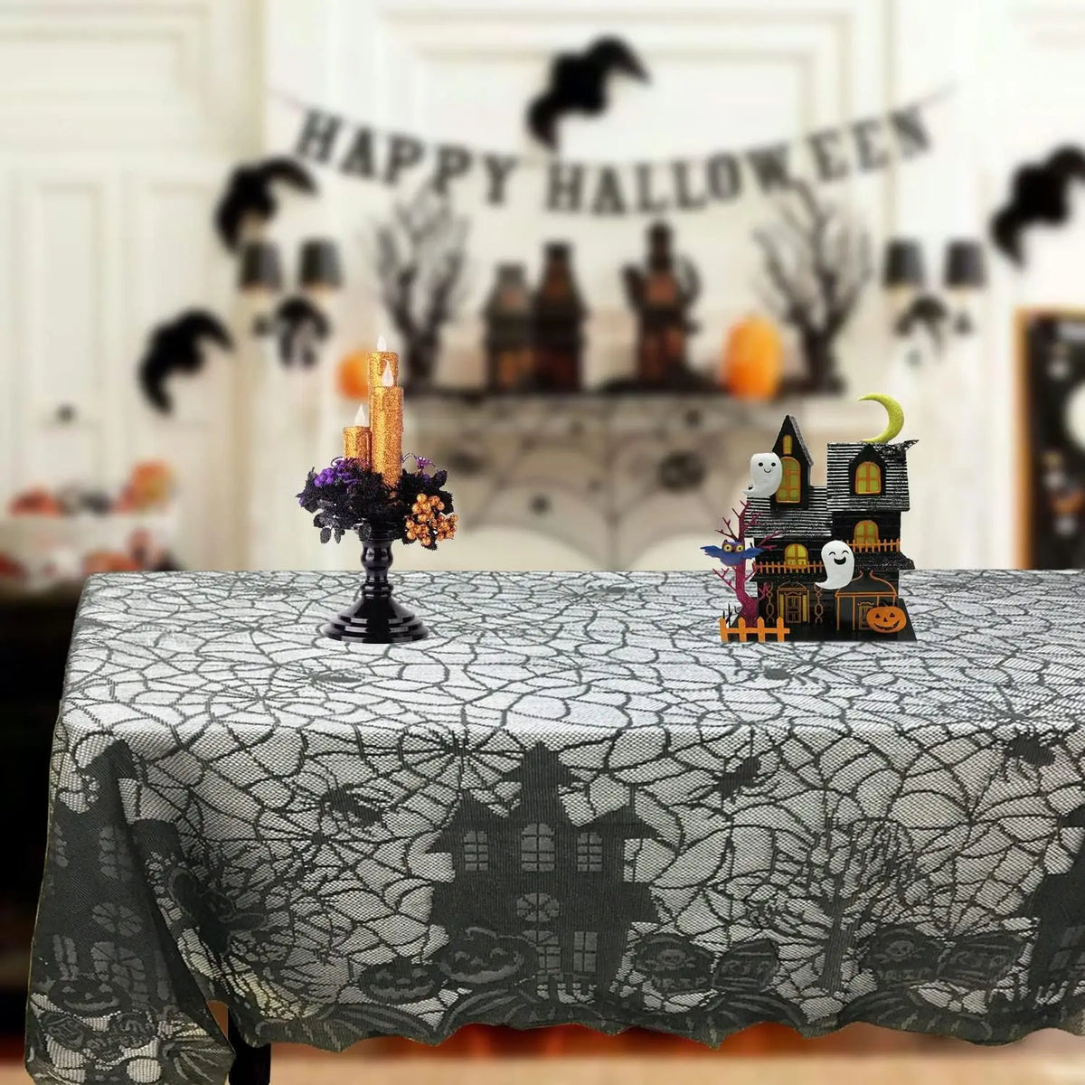 Black spider-web lace table runner with scalloped edges, Halloween web pattern