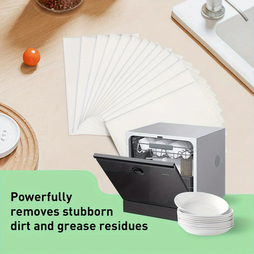Dishwasher detergent sheets, white sheets stacked beside open dishwasher basket