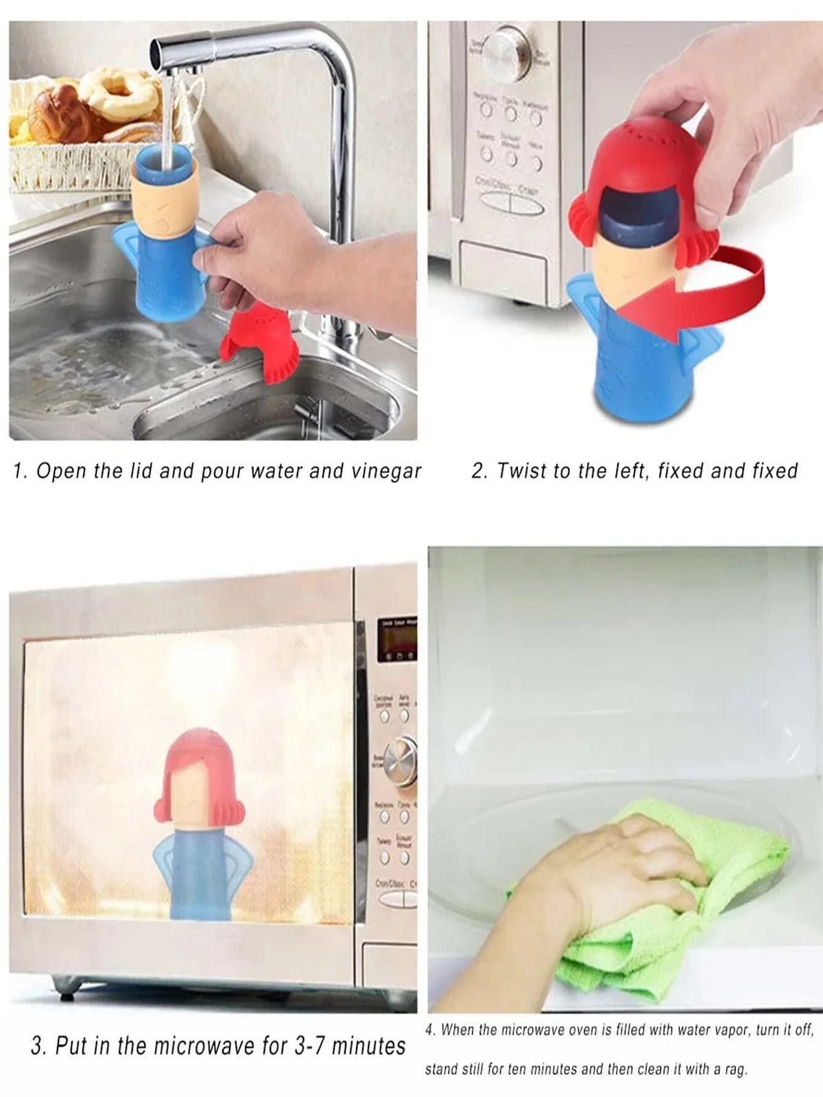 Microwave steam cleaner tool with red top and blue base for water and vinegar.