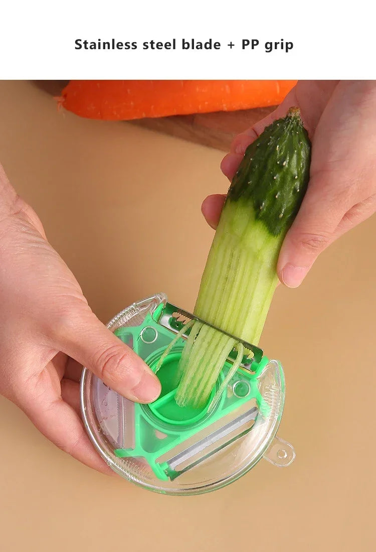 Green rotary vegetable peeler with stainless steel blades in clear cover, held over cucumber