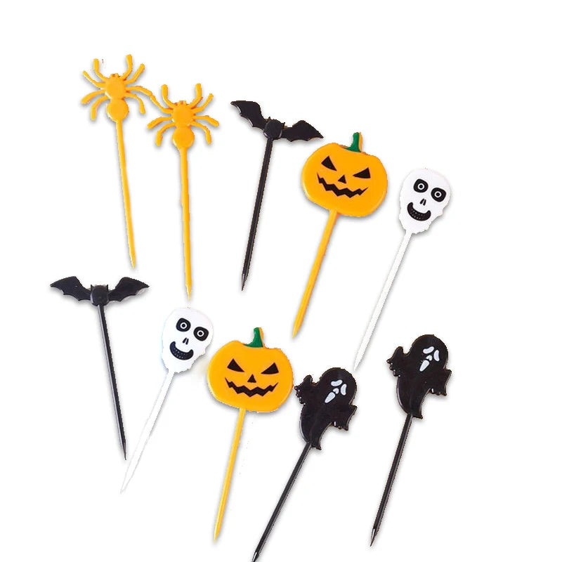 Plastic Halloween cupcake toppers set of 10 with pumpkin, ghost, bat, and spider icons