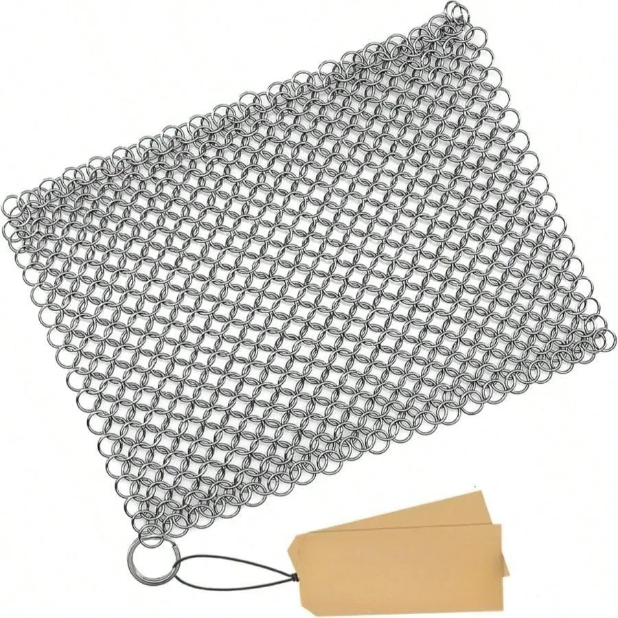 Cast iron chainmail scrubber with 316 stainless steel mesh pad and hanging loop