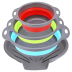 Collapsible colander and strainer set with mixed-color nested strainers and gray drain base