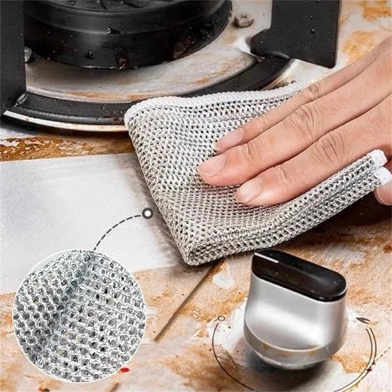 Non-scratch steel wire cleaning cloth, 20x20cm square, used on cookware surface