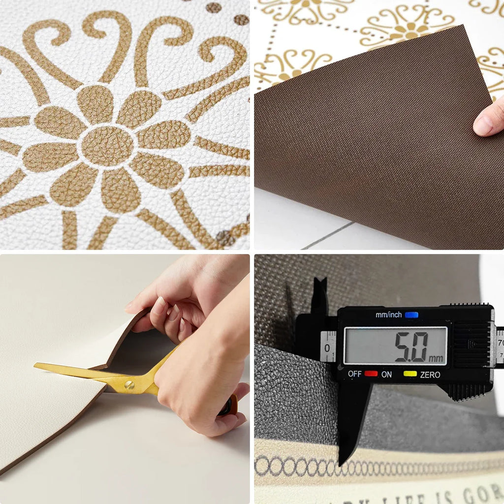 PVC kitchen floor mat sample in brown with textured surface; hand smoothing it flat.