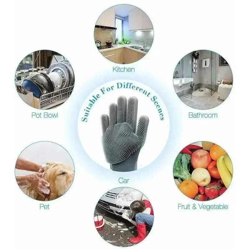 Gray silicone dish scrubber glove with bristled grip for kitchen, bathroom, and car