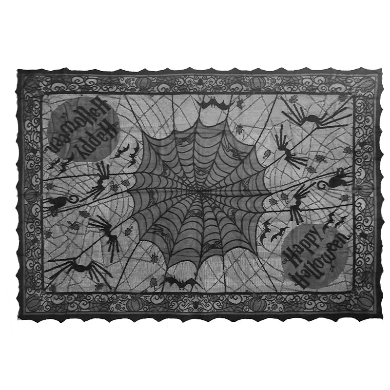 Black spider-web lace table runner with ornate border and detailed web pattern