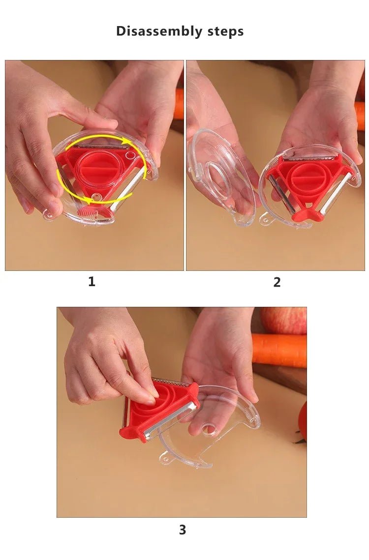 Rotary vegetable peeler disassembly steps with red blade head and clear protective cover